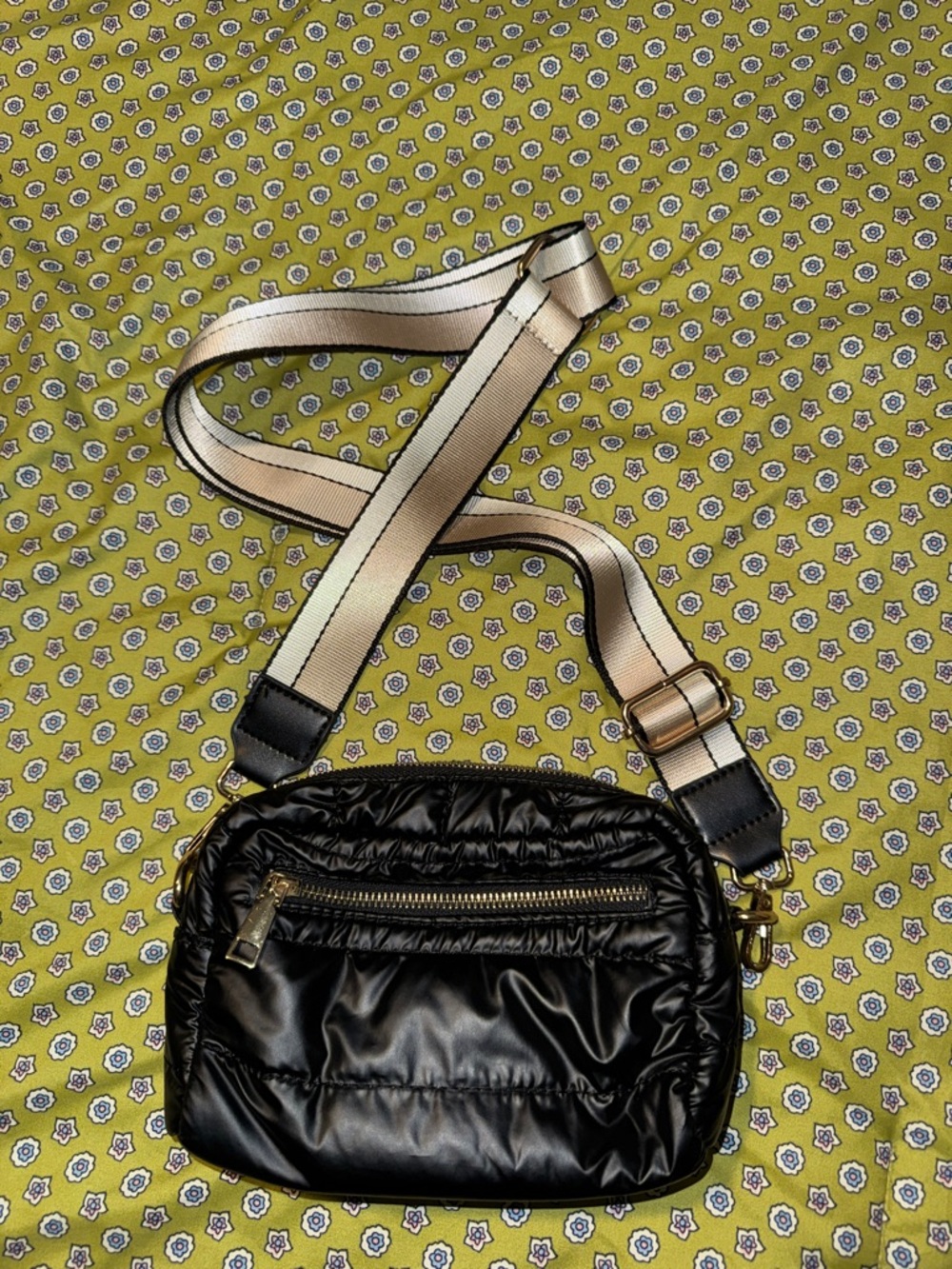 Black Quilted Crossbody Bag with Beige Strap